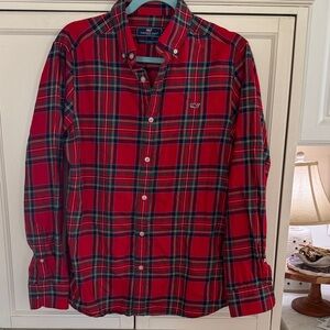 Vineyard Vines Men's Red and Green Plaid Shirt